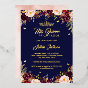 Navy Burgund Weinrote Mis Quince Florale Quinceane Folieneinladung