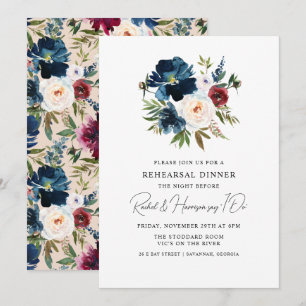 Navy Burgunder Blumen Hochzeitsprobedinner Einladung