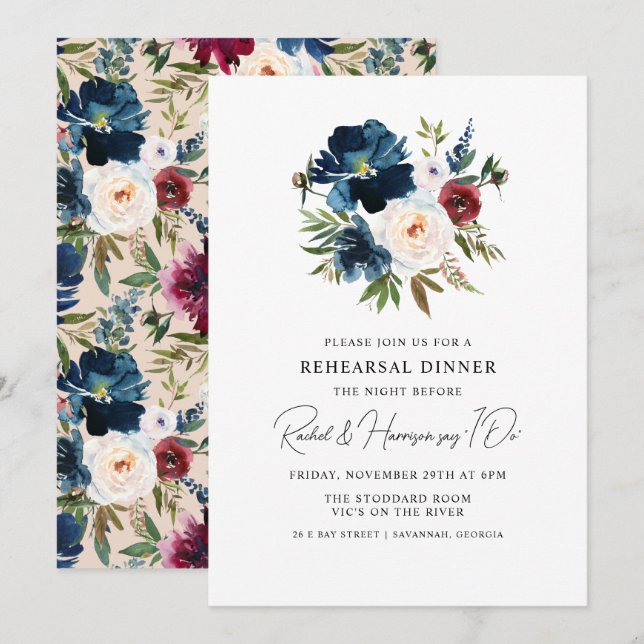 Navy Burgunder Blumen Hochzeitsprobedinner Einladung (Vorne/Hinten)