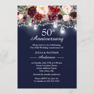 Navy Burgunder Blumenlichter 50. Jubiläum Einladung