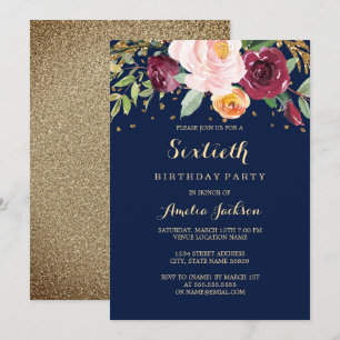 Navy Burgunder Florale Glitter 60. Geburtstagsfeie Einladung
