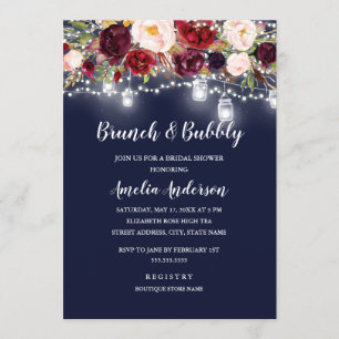 Navy Burgunder Florale Lichter Brunch Und Bubbly Einladung