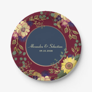 Navy Burgunder Sonnenblumen Hochzeit Pappteller