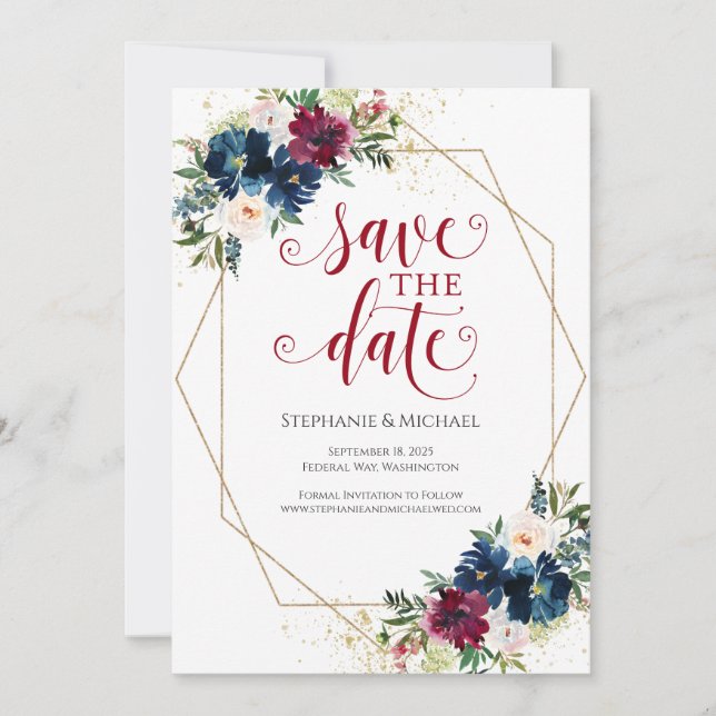 Navy Burgundi Wasserfarbenfloral Save the Date (Vorderseite)