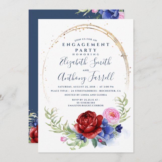Navy Burgundy Blush Floral Engagement Party Einladung (Vorne/Hinten)