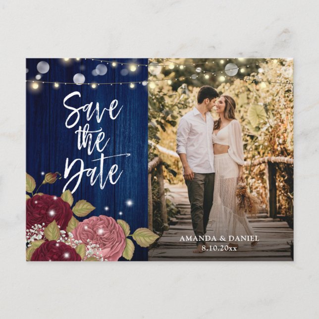 Navy Burgundy Blush Wedding Foto Save the Date Ankündigungspostkarte (Vorderseite)