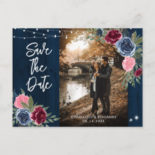 Navy Burgundy Blush Wedding Foto Save the Date Postkarte