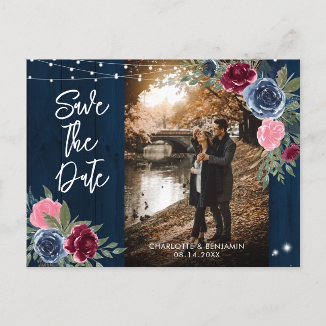Navy Burgundy Blush Wedding Foto Save the Date Postkarte (Vorderseite)
