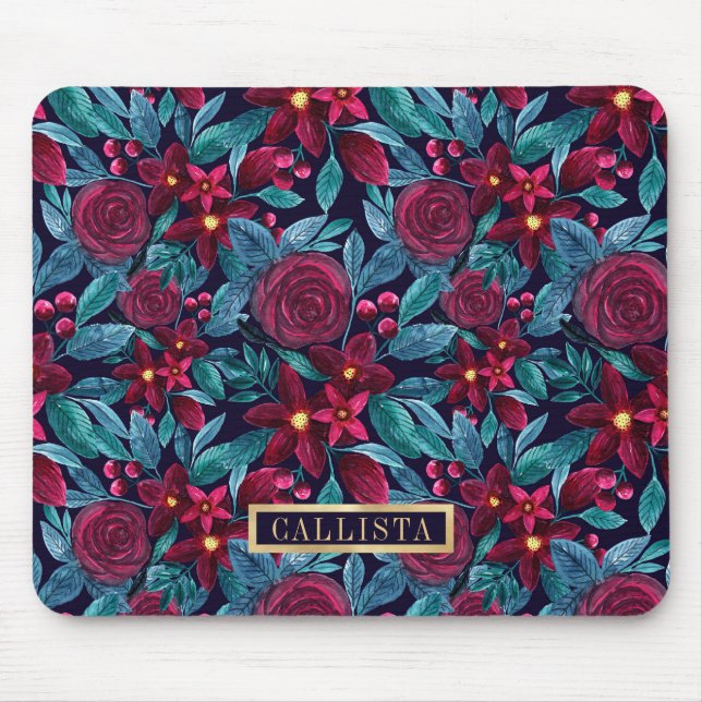 Navy Burgundy Christmas Floral Watercolor Monogram Mousepad (Vorne)