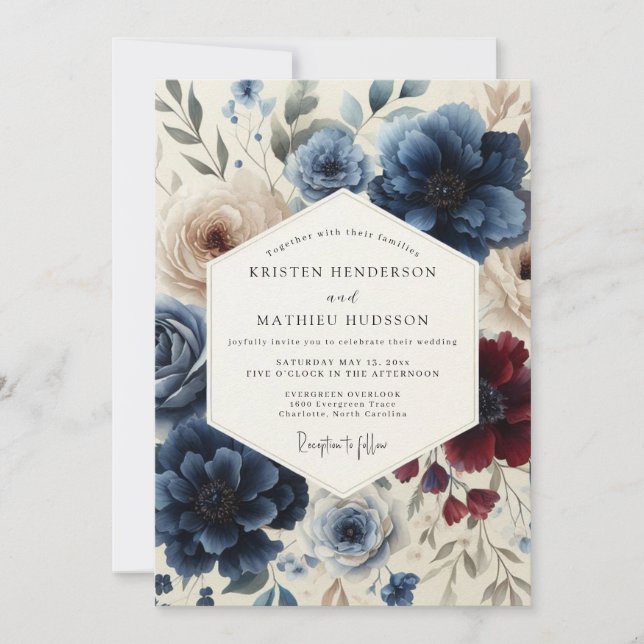 Navy & Burgundy Classic Floral Wedding Einladung (Vorderseite)