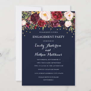 Navy Burgundy Confetti Floral Engagement Party Einladung