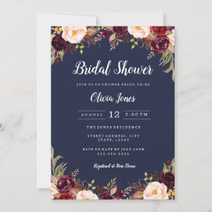 Navy Burgundy Floral Brautparty Card Einladung