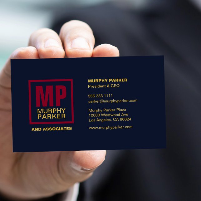 Navy Burgundy Gold Square Monogram Visitenkarte (Von Creator hochgeladen)