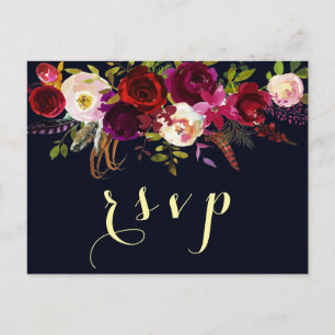 Navy Burgundy Marsala Rustic Boho Wedding RSVP Einladungspostkarte