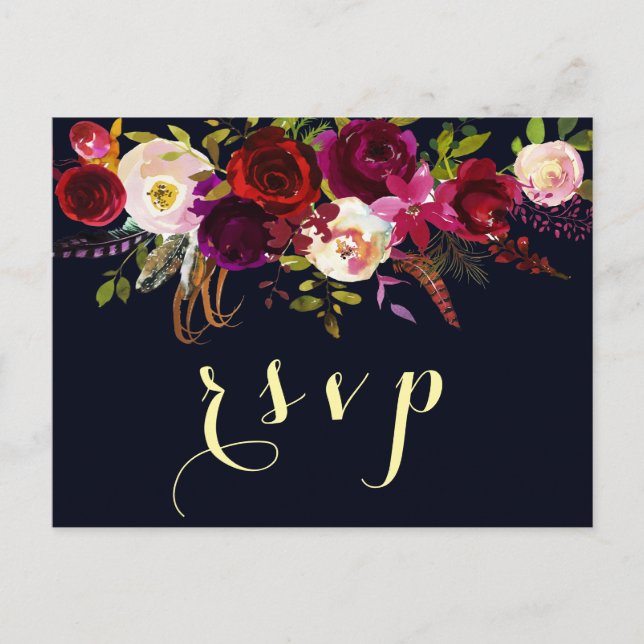 Navy Burgundy Marsala Rustic Boho Wedding RSVP Einladungspostkarte (Vorderseite)
