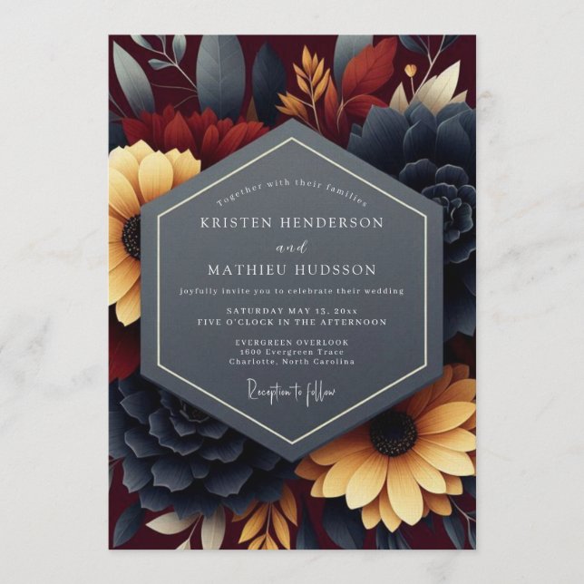Navy Burgundy Moody Autumnal Wedding Einladung (Vorderseite)