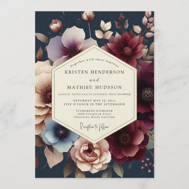 Navy Burgundy Moody Bloom Wedding Einladung (Vorderseite)