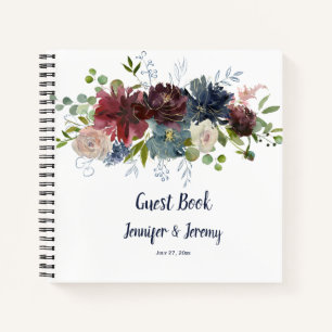 Navy Burgundy Rose Gold Floral Header Gästebuch Notizbuch