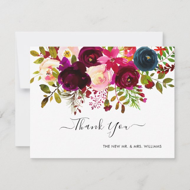 Navy+Burgundy Watercolor Bouquet Vielen Dank Save The Date (Vorderseite)