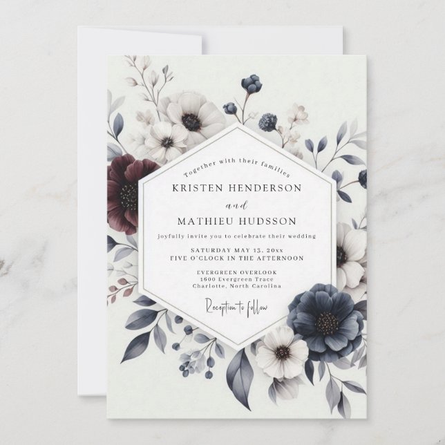 Navy Burgundy Winter Bloom Wedding Einladung (Vorderseite)