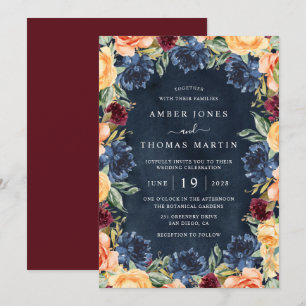 Navy Burnt Orange Burgunderrot Florale Hochzeit  Einladung