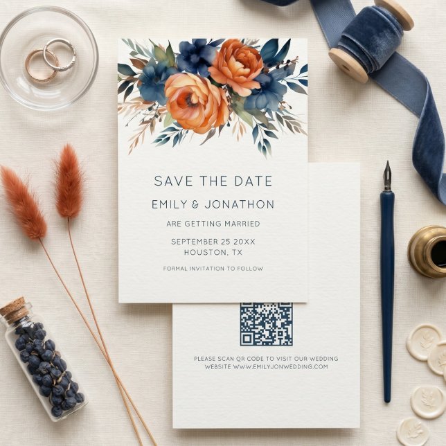 Navy Burnt Orange Florals QR Hochzeit Save The Date (Von Creator hochgeladen)