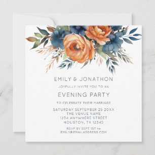 Navy Burnt Orange Florals Wedding Abend Party Einladung