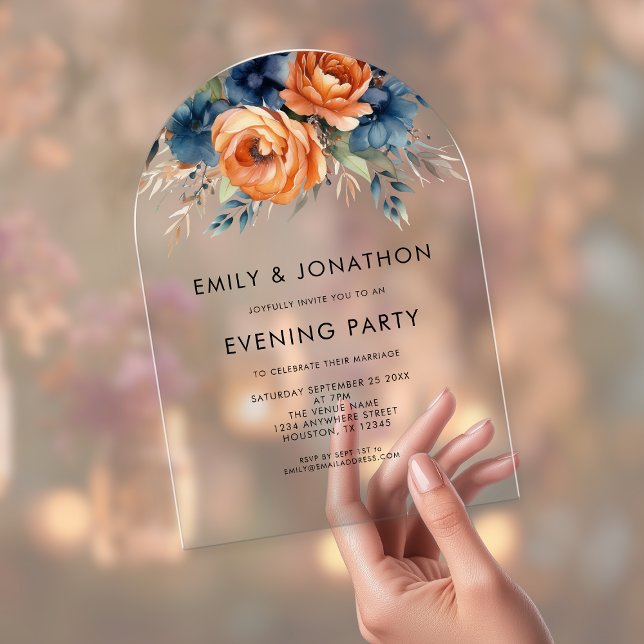 Navy Burnt Orange Florals Wedding Evening Party  Acryleinladungen (Von Creator hochgeladen)