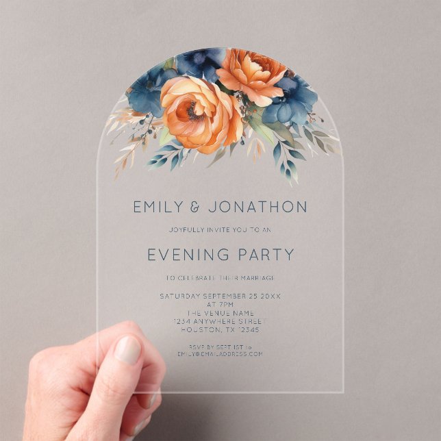 Navy Burnt Orange Florals Wedding Evening Party Acryleinladungen (Insitu (Handheld))