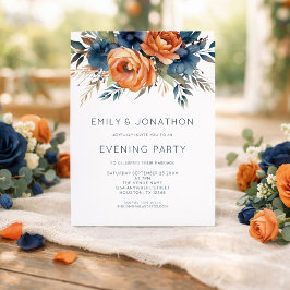 Navy Burnt Orange Florals Wedding Evening Party Einladung