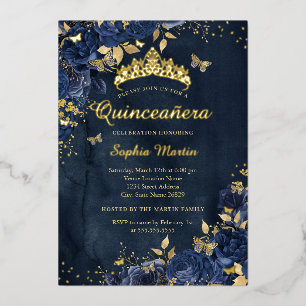 Navy Butterfly Blume Elegante Gold Quinceanera Folieneinladung