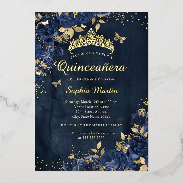 Navy Butterfly Blume Elegante Gold Quinceanera Folieneinladung (Vorderseite)
