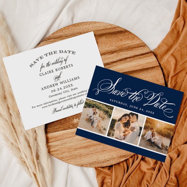 Navy Calligraphy Script Wedding Foto Collage Save The Date (Von Creator hochgeladen)