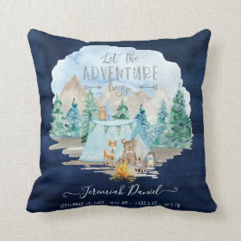 Navy Camping Adventure Forest Baby Boy Birth Stats Kissen