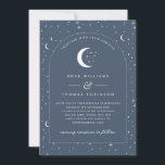 Navy Celestial Arched Wedding Invitation Foto Einladung<br><div class="desc">Eine himmlische Hochzeitseinladung mit Sternenmoon und einem marinebrandigen grauen Hintergrund und weißem Text mit Elementen. Sie können auch Ihr eigenes Foto auf der Rückseite hinzufügen. Passen Sie die Farbe des Sternmusters,  des Hintergrunds,  des Bogenfüllens und des Mondelements an!</div>