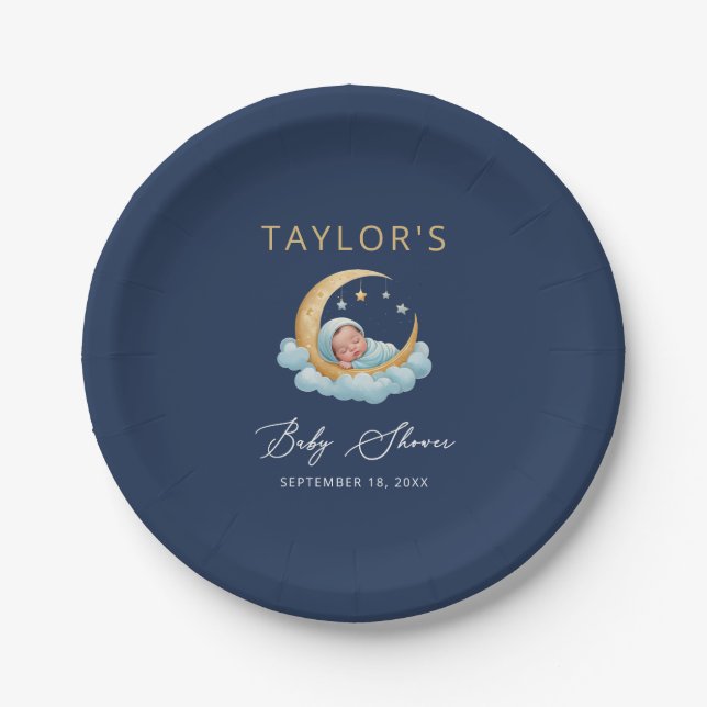 Navy Celestial Moon Stars Baby Shower Pappteller (Vorderseite)