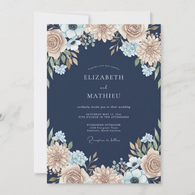 Navy Champagner-Dahlie-Hochzeit Einladung (Vorderseite)