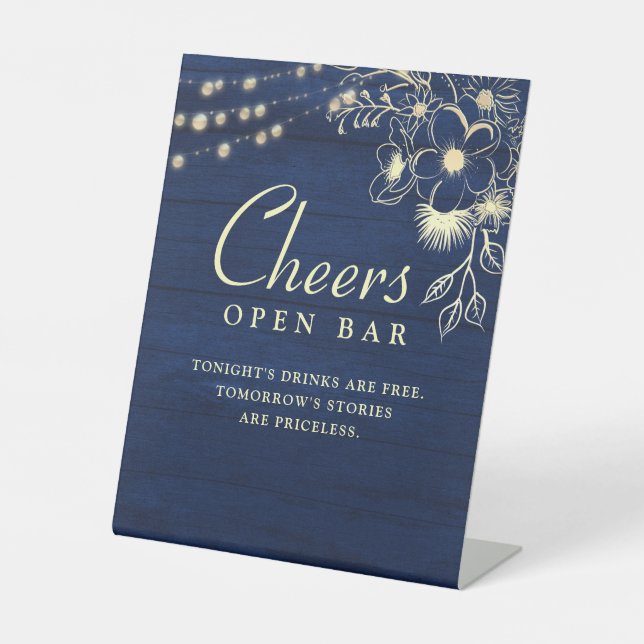 Navy Cheers Open Bar Wedding Sign Sockelschild (Vorderseite)