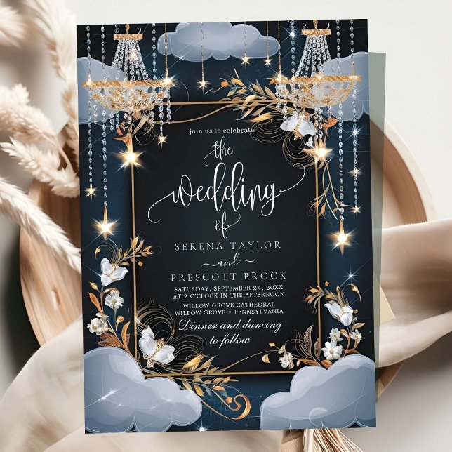 Navy Chic Golden Chandelier Wedding Einladung (Von Creator hochgeladen)