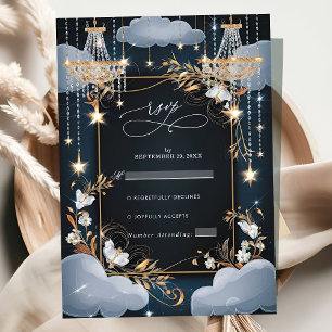 Navy Chic Golden Chandelier Wedding RSVP Karte