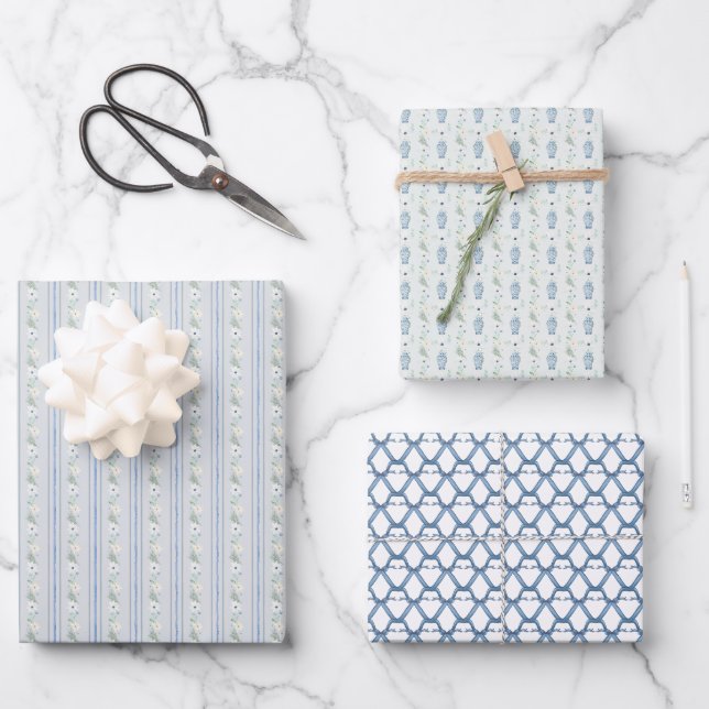 Navy Chinoiserie Preppy Geschenkpapier Set (Vorderseite)