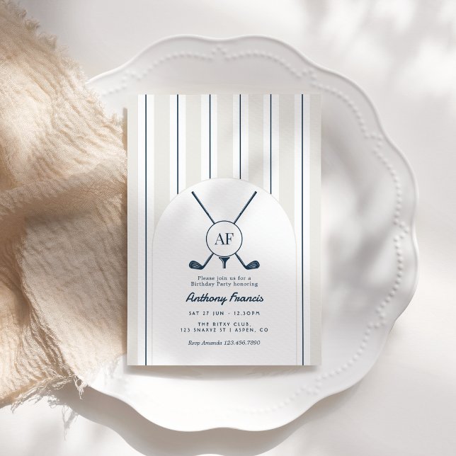 Navy & Cloud Dancer Monogram Preppy Golf Geburtsta Einladung (Navy & Cloud Dancer Monogram Preppy Golf Birthday Invitation)