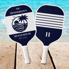 Navy Coastal Nautical Palm Tree Family Beach House Pickleball Schläger