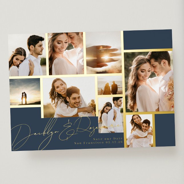 Navy Collage Multi Foto Save the Date Gold Frames Folieneinladung (Von Creator hochgeladen)