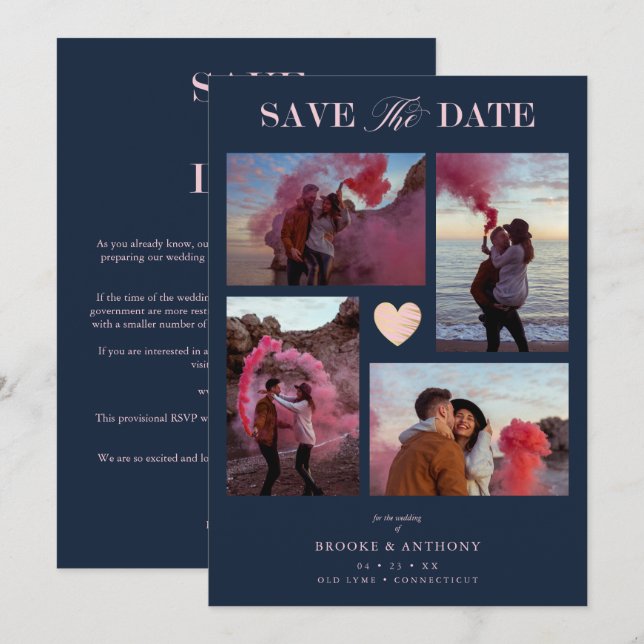 Navy Collage Wedding Pink Heart 4 Photos Covid19 (Vorne/Hinten)