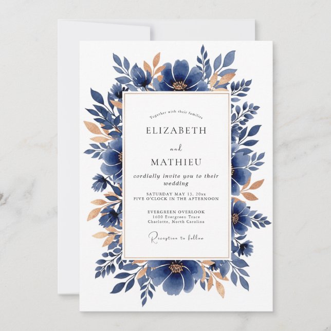 Navy Copper Elegant Botanical Wedding Einladung (Vorderseite)