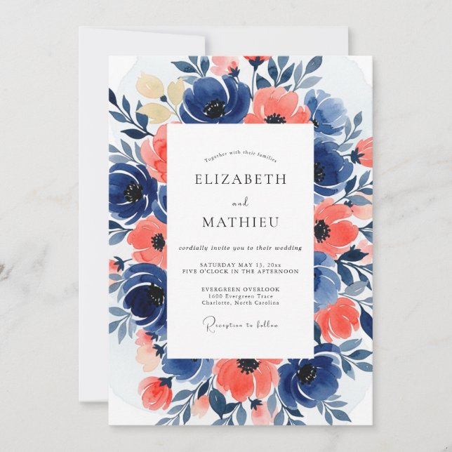 Navy Coral Bloom Romance Wedding Einladung (Vorderseite)