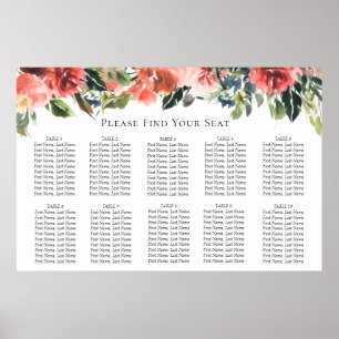 Navy Coral Botanical Wedding Seating Chart Poster