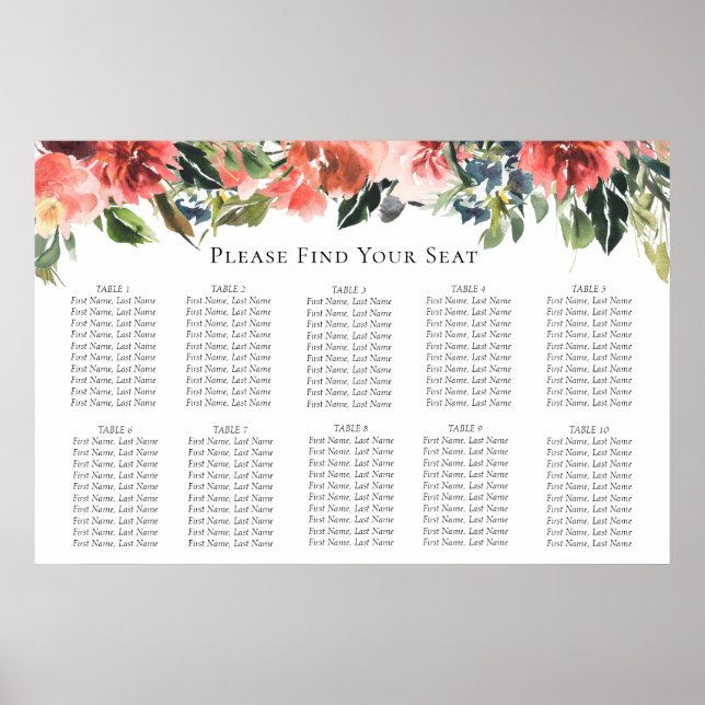 Navy Coral Botanical Wedding Seating Chart Poster (Vorne)