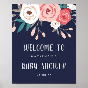 Navy & Coral Floral Bouquet Babydusche Willkommen Poster